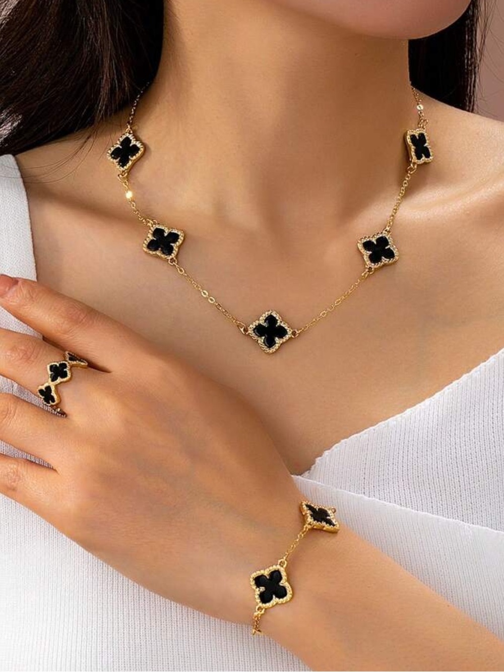 Kohl's Gold Necklace Bracelet and Ring Set with Black Clover Motifs